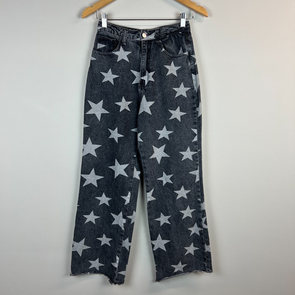 Baevely Wide Leg Jeans Womens Small Charcoal Gray‎ Star Print Rigid Baggy Trendy